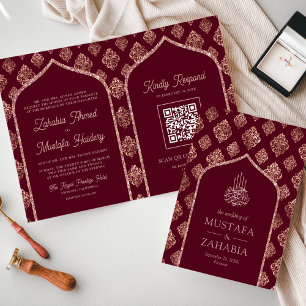 Invitación Código QR Arco Rosa Borgoña Dorado Boda Musulmana
