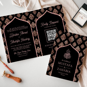 Invitación Código QR Arco Rosa Negra Damask Dorado Boda Musul