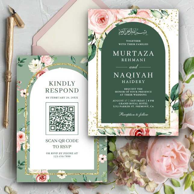 Invitación Código QR Arco Verde Floral Rosa Boda Musulmana (Subido por el creador)