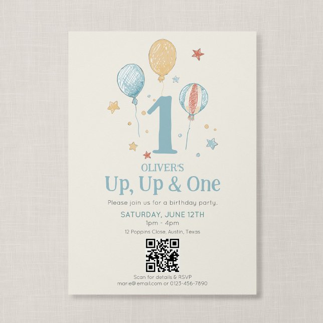 Invitación Código QR Arriba Uno Globo Aerostático Cumpleaños  (Balloon Daydream - Up, Up & One First Birthday Invitation with QR Code)