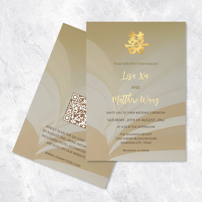 Invitación Código QR | Arte abstracto beige Boda china (Subido por el creador)