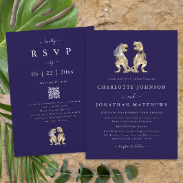 Invitación Código QR azul de la Marina Boda de los Dinosaurio