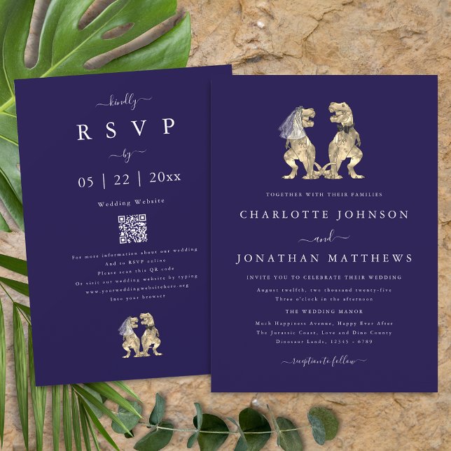 Invitación Código QR azul de la Marina Boda de los Dinosaurio (Dinosaur theme wedding qr code navy blue white invitation  T-Rex dino bride & groom modern elegant )