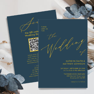 Invitación Código QR Azul Dusto Todo En Un Boda De Guión Dora