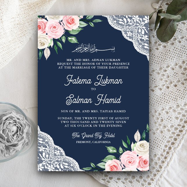 Invitación Código QR Azul Marino de Encaje Floral Rosa Boda M (Subido por el creador)