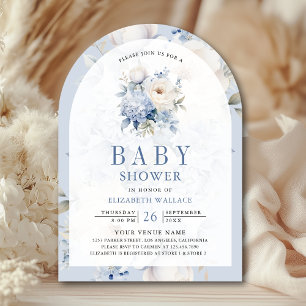 Invitación Código QR azul y floral blanco polvo Baby Shower