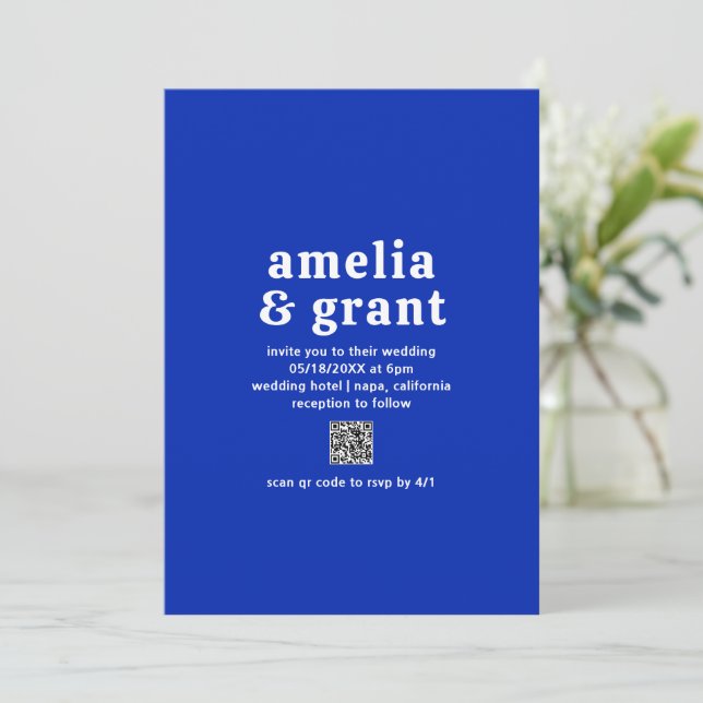 Invitación Código QR Azul Zafiro Fuente Retro Boda Moderna (Anverso de pie)