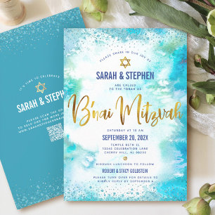 Invitación Código QR B’nai Mitzvah Turquesa Acuarela Dorado
