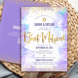Invitación Código QR B’not Mitzvah Púrpura Acuarela Hoja de O