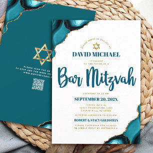 Invitación Código QR Bar Mitzvah Ágata Turquesa Letra Blanca