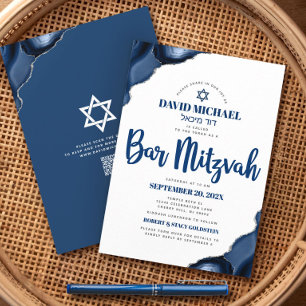 Invitación Código QR Bar Mitzvah Azul Marino Ágata Script Mod