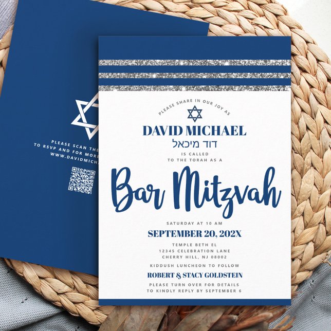 Invitación Código QR Bar Mitzvah Azul Marino Talit Plateado S (Subido por el creador)