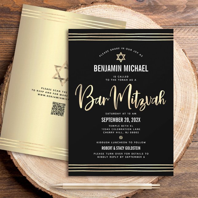 Invitación Código QR Bar Mitzvah Negro Script Oro Tallit Negr (Subido por el creador)