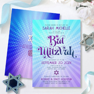 Invitación Código QR Bar Mitzvah Retro Gradiente Azul Púrpura