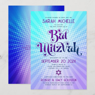 Invitación Código QR Bar Mitzvah Retro Gradiente Azul Púrpura
