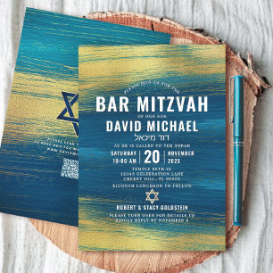 Invitación Código QR Bar Mitzvah Turquesa Hoja de Oro Tipo Ne