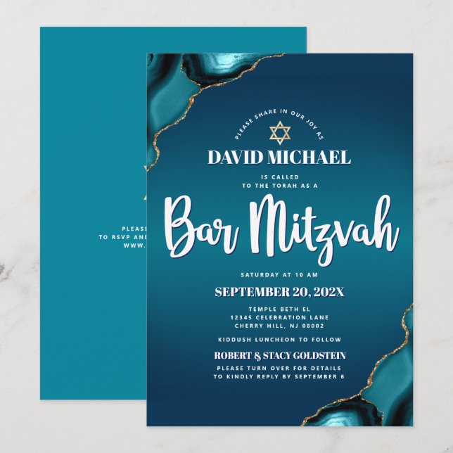 Invitación Código QR Bar Mitzvah Turquesa Ombre Ágata Moderno (Anverso / Reverso)