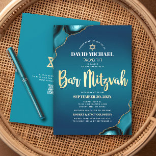 Invitación Código QR Bar Mitzvah Turquesa Ombre Ágata Script