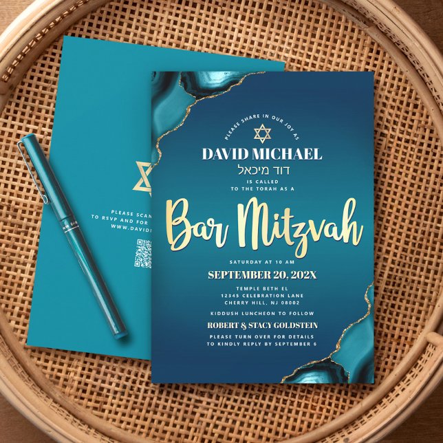 Invitación Código QR Bar Mitzvah Turquesa Ombre Ágata Script (Subido por el creador)