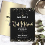 Invitación Código QR Bat Mitzvah Moderno Negro Dorado Brillan<br><div class="desc">¡Siéntete orgulloso, regocíjate y muestra este hito de tu Bat Mitzvah favorita! Envía esta impresionante, moderna y personalizada invitación con código QR para un evento inolvidable. La caligrafía con script de falso oro gráfico, la Estrella de David y los puntos de confeti se superponen sobre un fondo negro rico y...</div>