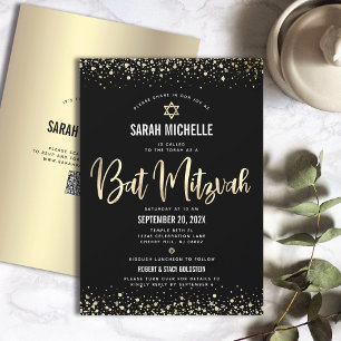 Invitación Código QR Bat Mitzvah Moderno Negro Dorado Brillan