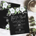 Invitación Código QR Bat Mitzvah Negro Plateado Floral Script<br><div class="desc">¡Siéntete orgulloso, regocíjate y muestra este hito de tu Bat Mitzvah favorita! Envía esta sofisticada, moderna y personalizada invitación con código QR para un evento inolvidable. Un diseño chic y deslumbrante, con flores en acuarela blancas y brillo plateado falso, tipografía con hoja de plata falsa y superposición de tipo sans...</div>