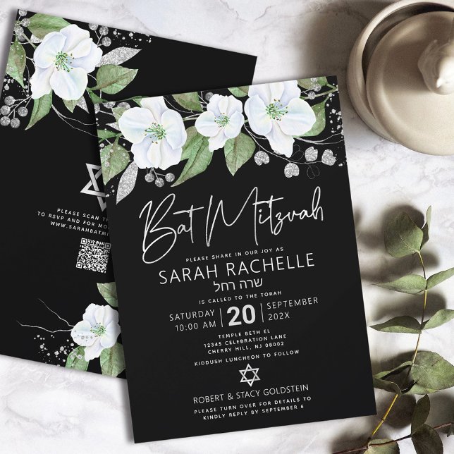 Invitación Código QR Bat Mitzvah Negro Plateado Floral Script (Subido por el creador)