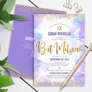 Invitación Código QR Bat Mitzvah Púrpura Acuarela Brillo Dora