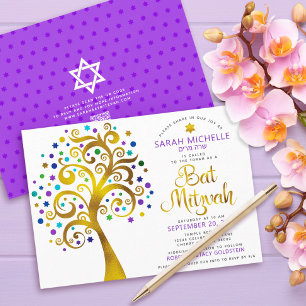 Invitación Código QR Bat Mitzvah Púrpura Dorado Negrita Árbol