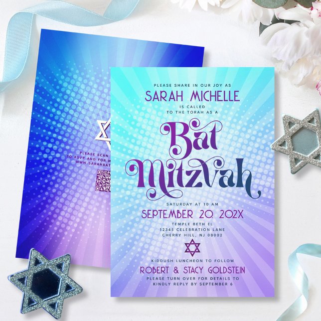 Invitación Código QR Bat Mitzvah Retro Gradiente Azul Púrpura (Subido por el creador)