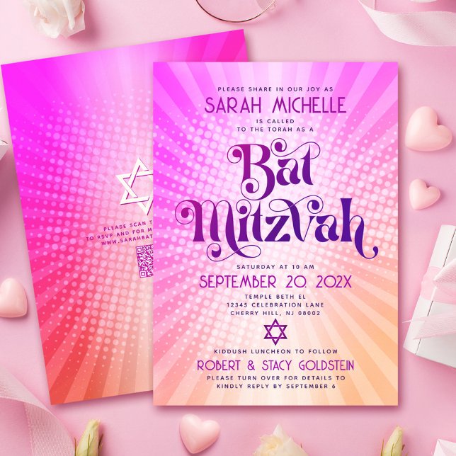 Invitación Código QR Bat Mitzvah Retro Gradiente Rosa Naranja (Subido por el creador)