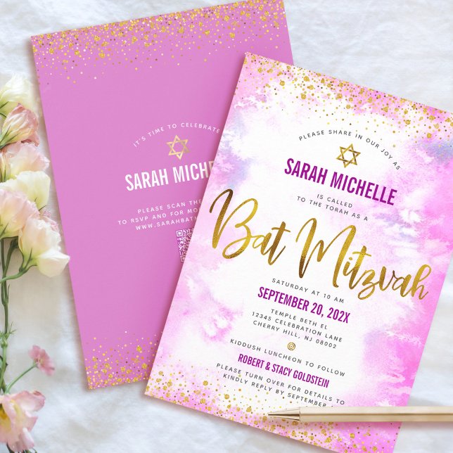 Invitación Código QR Bat Mitzvah Rosa Acuarela Dorado Brillan (Subido por el creador)