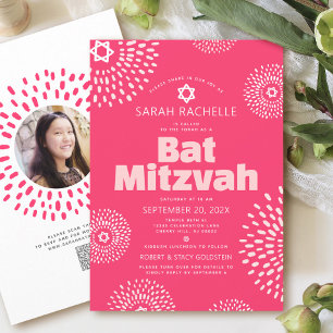 Invitación Código QR Bat Mitzvah Rosa Foto Explosión Estelar 