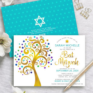Invitación Código QR Bat Mitzvah Turquesa Oro Árbol de la Vid