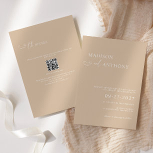 Invitación Código QR Beige minimalista RSVP Todo En Un Boda