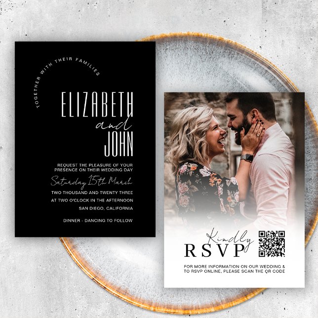 Invitación Código QR blanco negro RSVP Boda de fotografía Min (Front / Back)