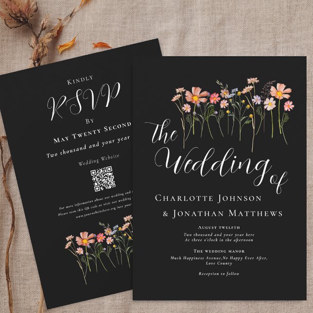 Invitación Código QR blanco y negro de flor silvestre Boho Fa (Boho fall Wildflower meadow black & white Wedding qr code invitation watercolor florals elegant)