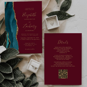 Invitación Código QR Boda Ágata Dorada Burgundy Rojo Teal