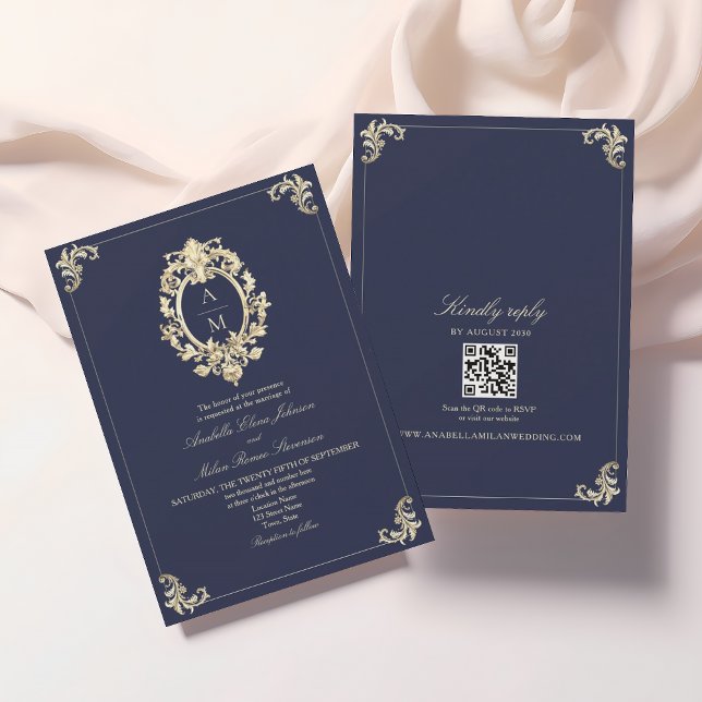 Invitación Código QR Boda Azul Marino Barroco (Subido por el creador)