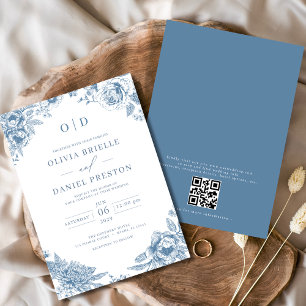 Invitación Código QR Boda azul polvoriento francés victoriano