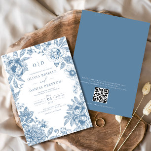 Invitación Código QR Boda azul polvoriento francés victoriano