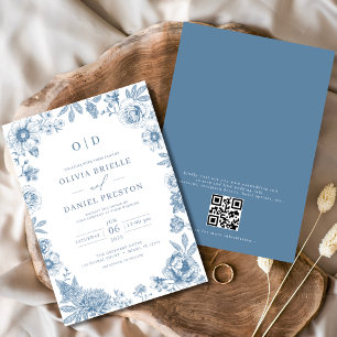 Invitación Código QR Boda azul polvoriento francés victoriano