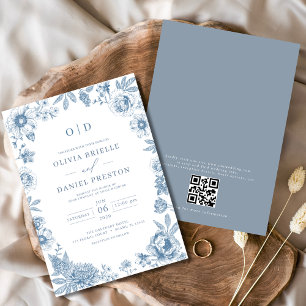 Invitación Código QR Boda azul polvoriento francés victoriano