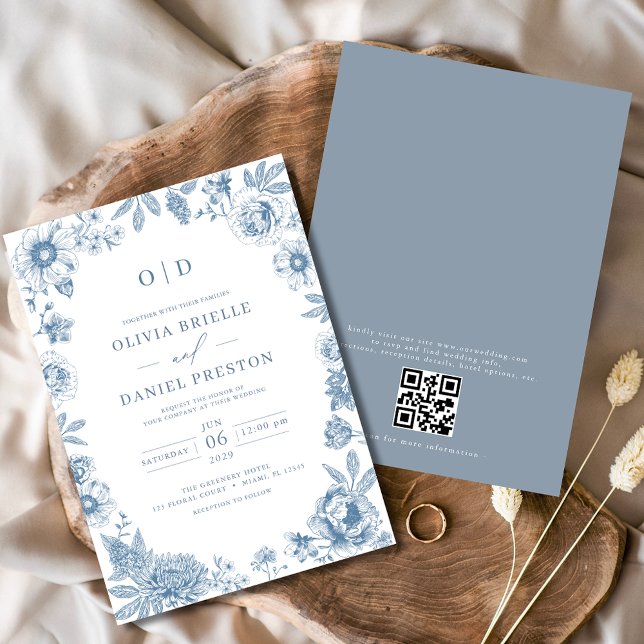 Invitación Código QR Boda azul polvoriento francés victoriano (Subido por el creador)