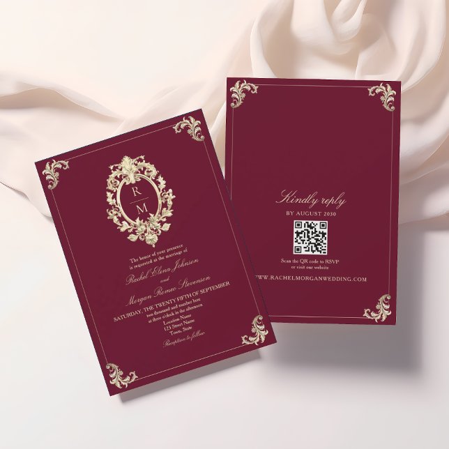 Invitación Código QR Boda Barroca Burgundy Oro (Subido por el creador)