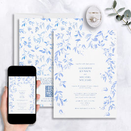 Invitación Código QR Boda botánico floral azul francés