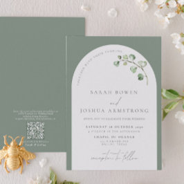 Invitación Código QR Boda botánico moderno Sage Green Arch