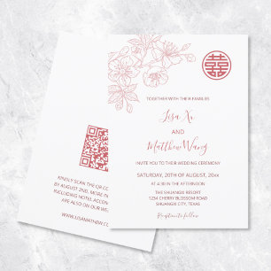 Invitación Código QR Boda china americana floral rosa