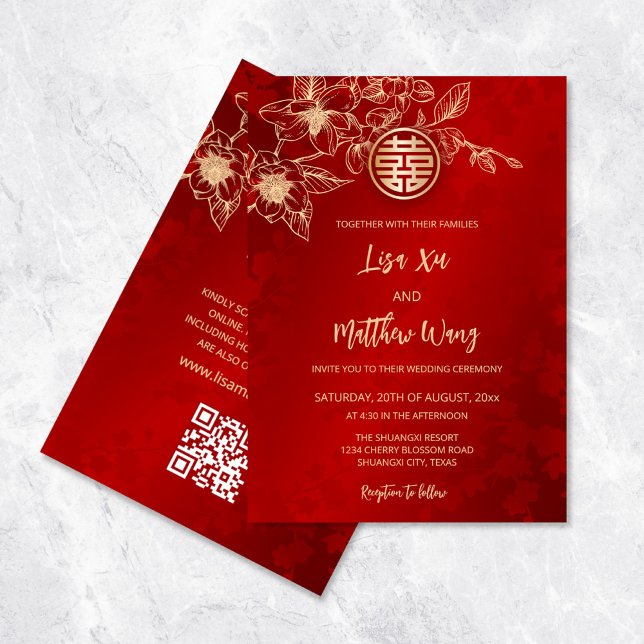 Invitación Código QR | Boda China Magnolia Dorada Roja (Subido por el creador)