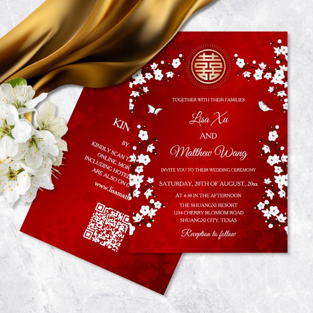 Invitación Código QR | Boda chino con flores de cerezo (Subido por el creador)